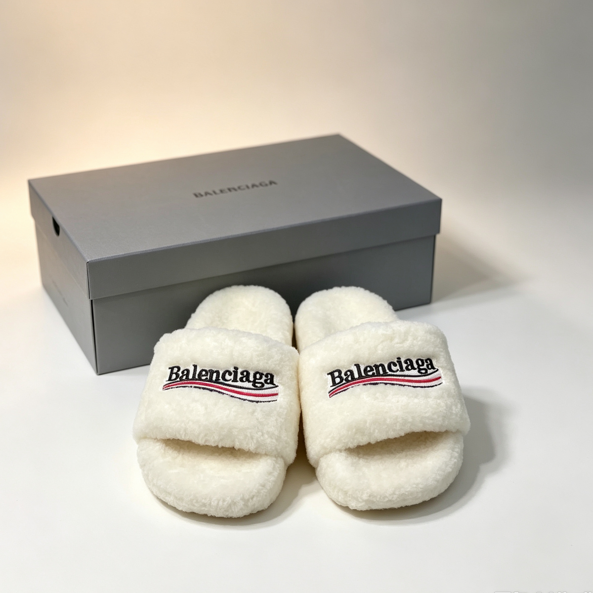 Balenciaga Cream Furry Slide Slippers